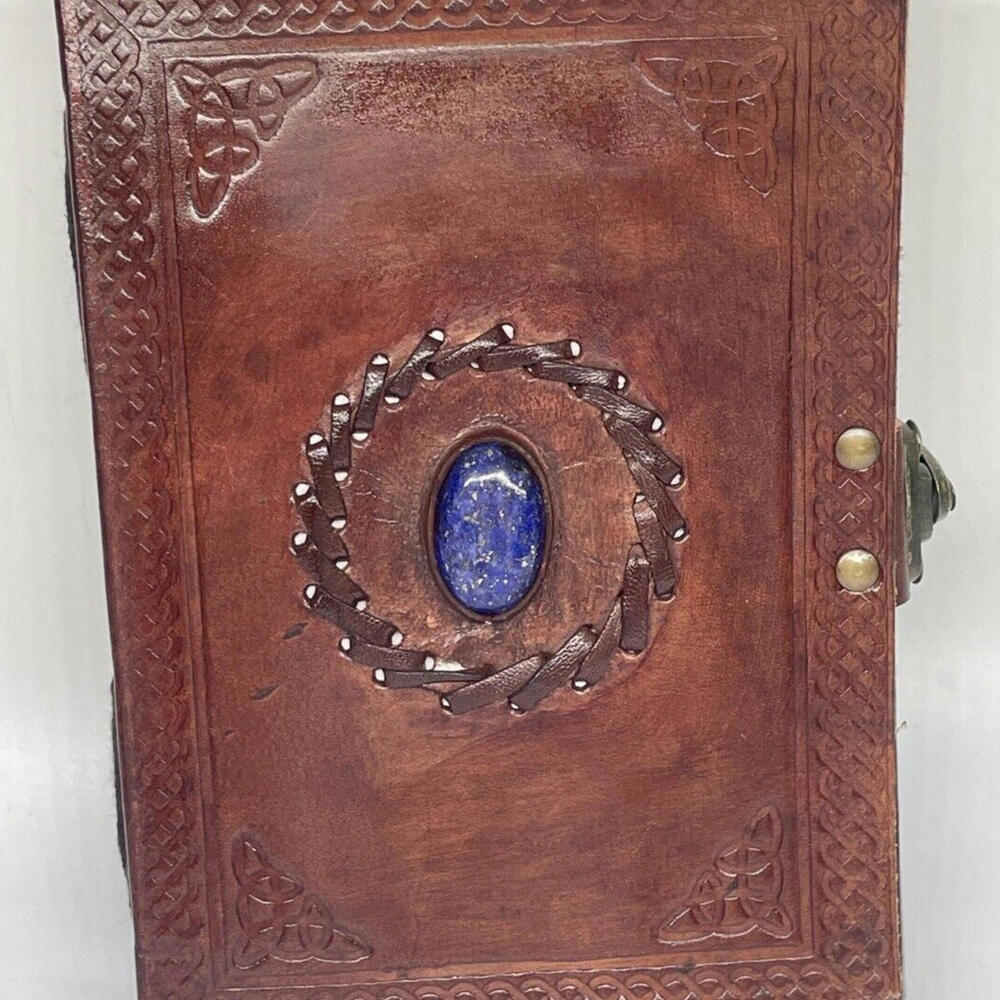 Leather Blue Lapis Stone Brass Lock Embossed Writing‎ Journal NEW
